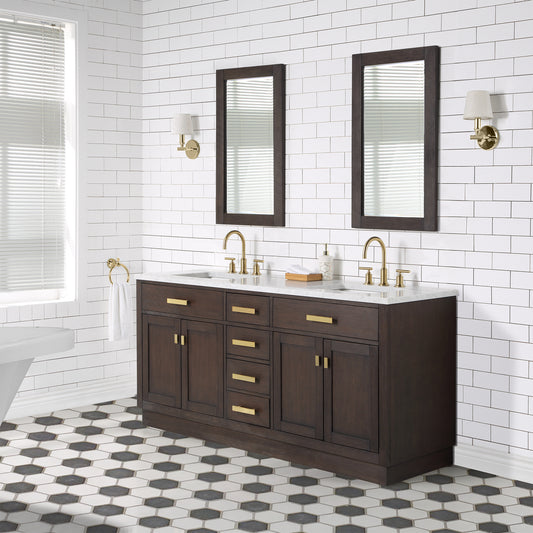 Water Creation Chestnut 72" Brown Double Sink Bathroom Vanity with Carrara White Marble Countertop and Satin Gold Hardware