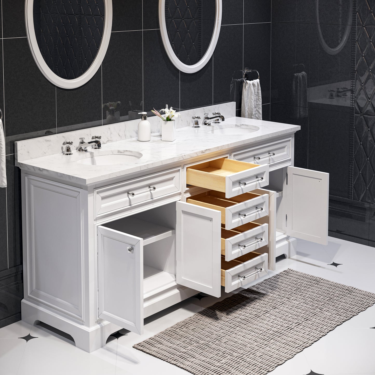 Water Creation Derby 72" White Double Sink Bathroom Vanity with Carrara White Marble Countertop