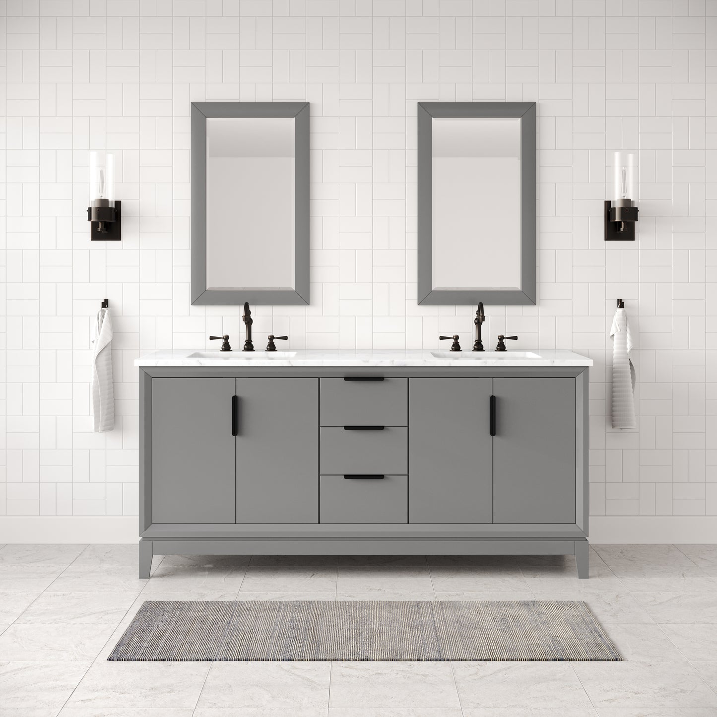 Water Creation Elizabeth 72" Grey Double Sink Bathroom Vanity with Carrara White Marble Countertop and Bronze Hardware