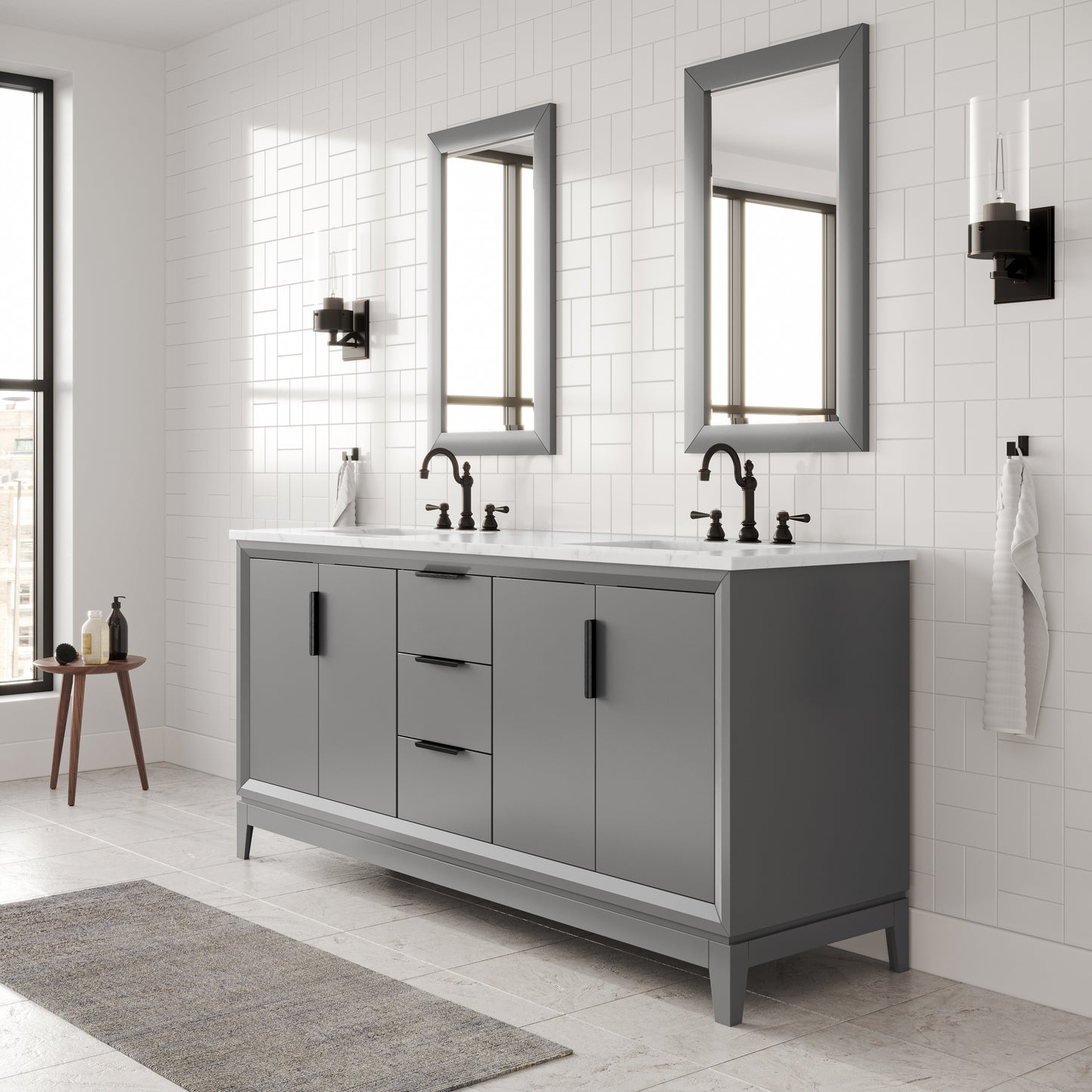 Water Creation Elizabeth 72" Grey Double Sink Bathroom Vanity with Carrara White Marble Countertop and Bronze Hardware