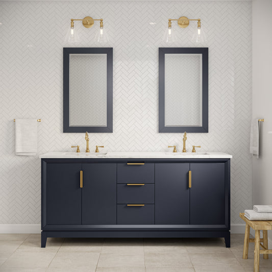 Water Creation Elizabeth 72" Blue Double Sink Bathroom Vanity with Carrara White Marble Countertop and Satin Gold Hardware