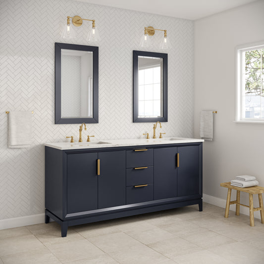 Water Creation Elizabeth 72" Blue Double Sink Bathroom Vanity with Carrara White Marble Countertop and Satin Gold Hardware