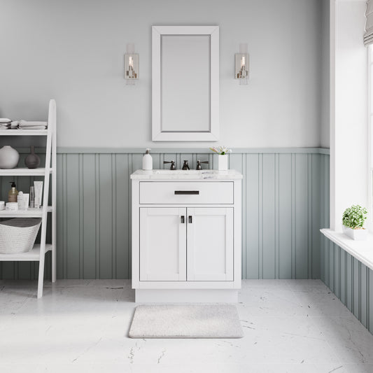 Water Creation Hartford 30" White Single Sink Bathroom Vanity with Carrara White Marble Countertop