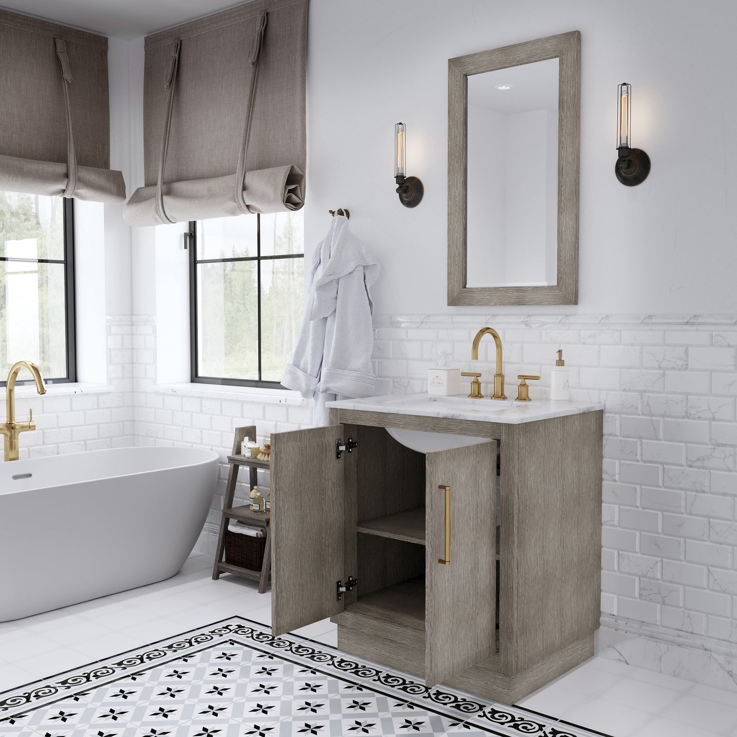 Water Creation Hugo 30" Grey Single Sink Bathroom Vanity with Carrara White Marble Countertop and Satin Gold Hardware