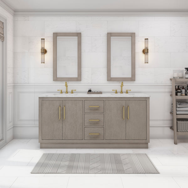 Water Creation Hugo 72 Grey Double Sink Bathroom Vanity with Carrara White Marble Countertop and Satin Gold Hardware