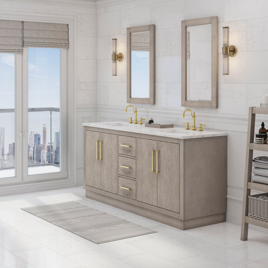 Water Creation Hugo 72" Grey Double Sink Bathroom Vanity with Carrara White Marble Countertop and Satin Gold Hardware