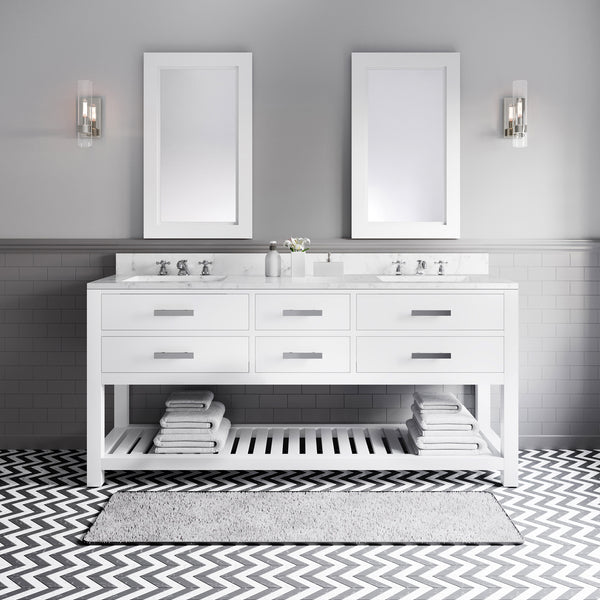 Water Creation Madalyn 72 White Double Sink Bathroom Vanity with Carrara White Marble Countertop