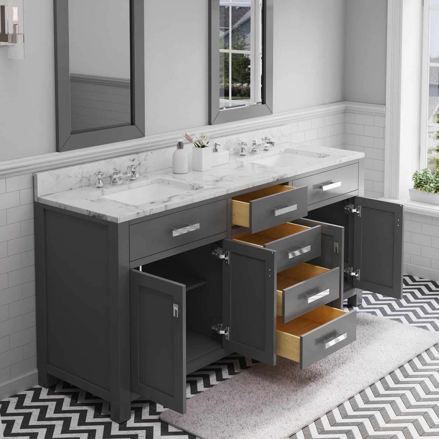 Water Creation Madison 72" Espresso Double Sink Bathroom Vanity with Carrara White Marble Countertop