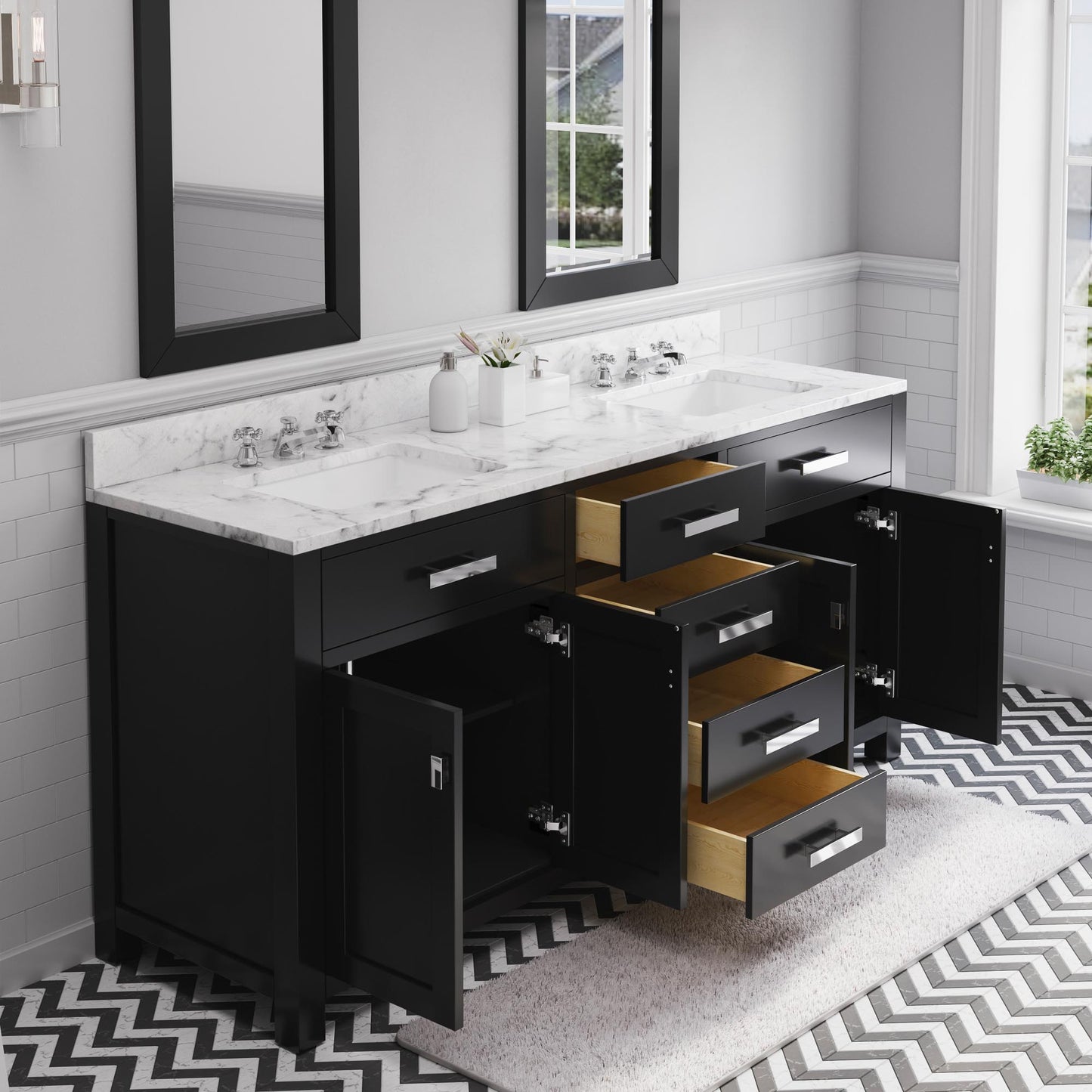 Water Creation Madison 72" Espresso Double Sink Bathroom Vanity with Carrara White Marble Countertop