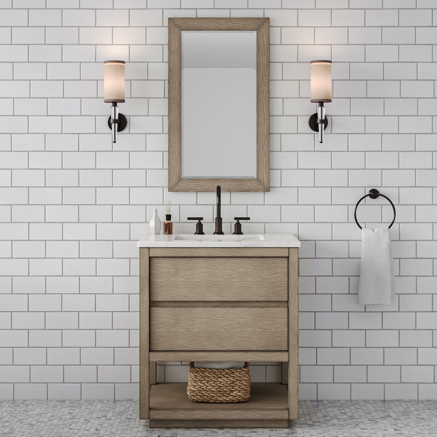 Water Creation Oakman 30" Grey Oak Single Sink Bathroom Vanity with Carrara White Marble Countertop