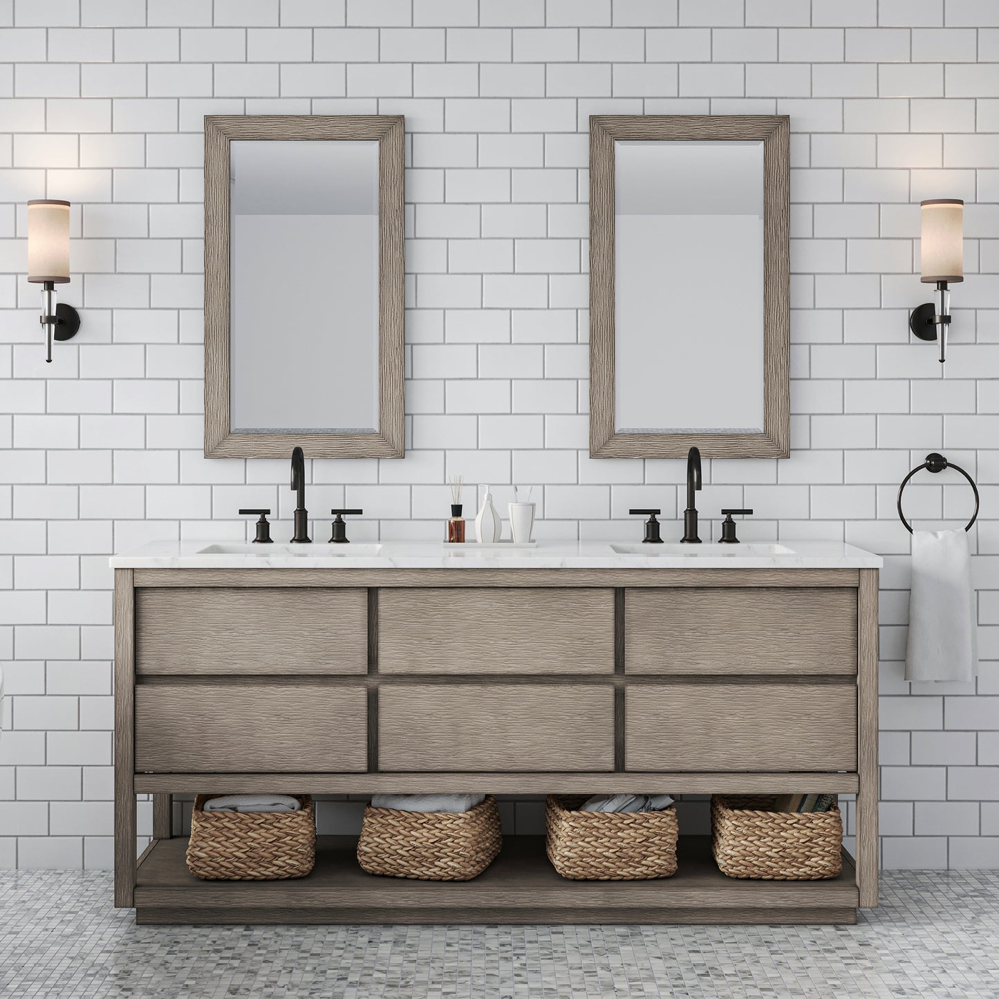 Water Creation Oakman 72" Grey Oak Double Sink Bathroom Vanity with Carrara White Marble Countertop