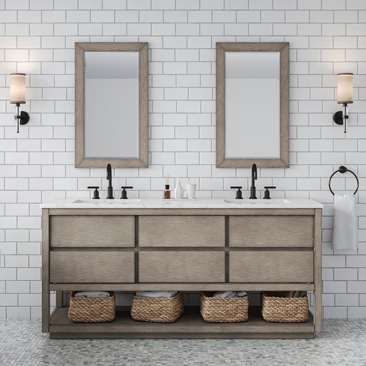 Water Creation Oakman 72" Grey Oak Double Sink Bathroom Vanity with Carrara White Marble Countertop