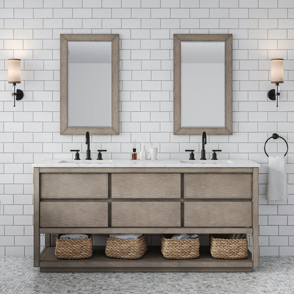 Water Creation Oakman 72 Grey Oak Double Sink Bathroom Vanity with Carrara White Marble Countertop