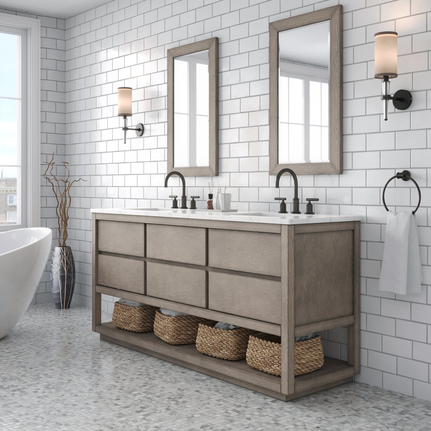 Water Creation Oakman 72" Grey Oak Double Sink Bathroom Vanity with Carrara White Marble Countertop