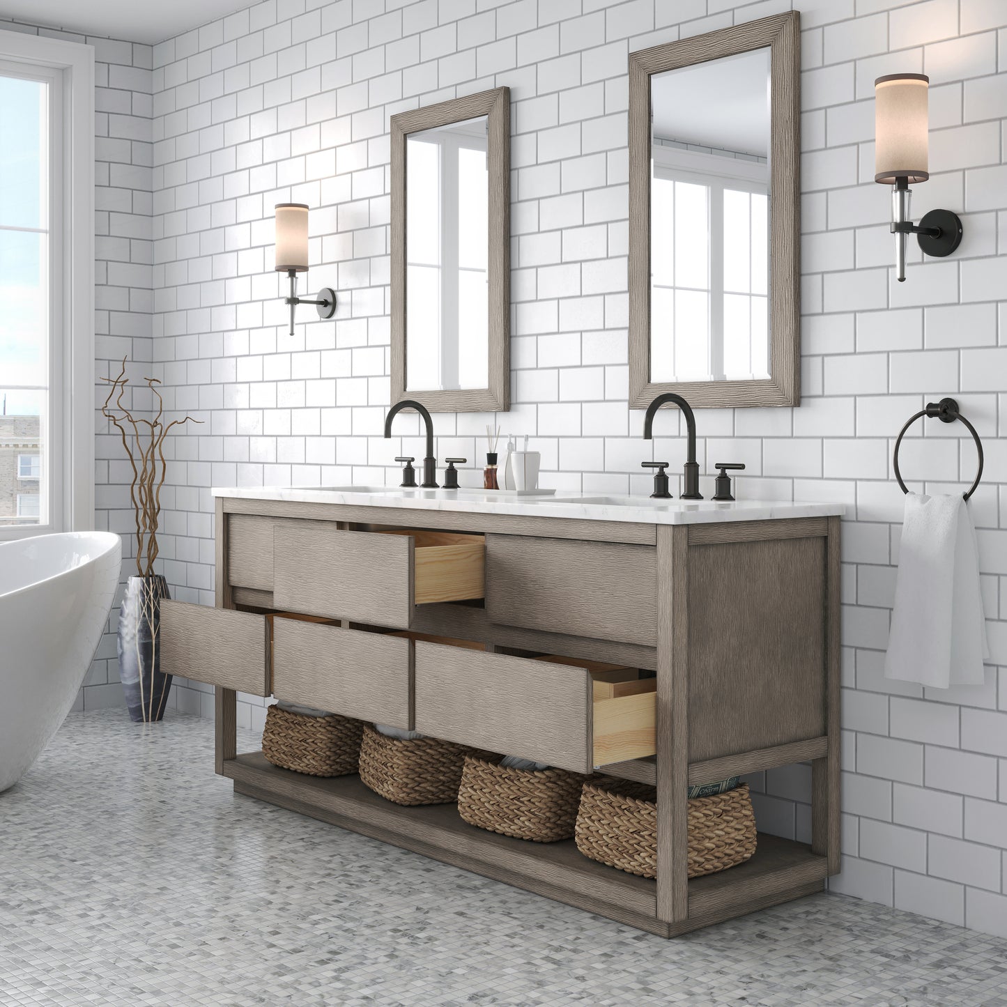 Water Creation Oakman 72" Grey Oak Double Sink Bathroom Vanity with Carrara White Marble Countertop