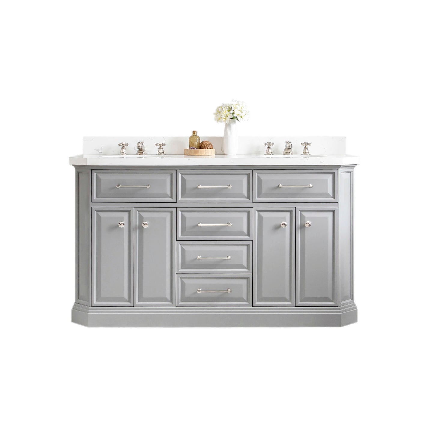 Water Creation Palace 60" Grey Double Sink Bathroom Vanity with Carrara Quartz and Polished Nickel (PVD) Hardware