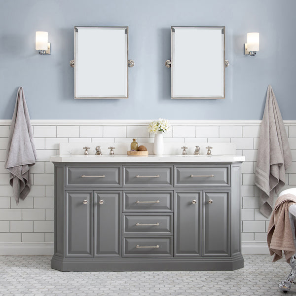 Water Creation Palace 60 Grey Double Sink Bathroom Vanity with Carrara Quartz and Polished Nickel (PVD) Hardware