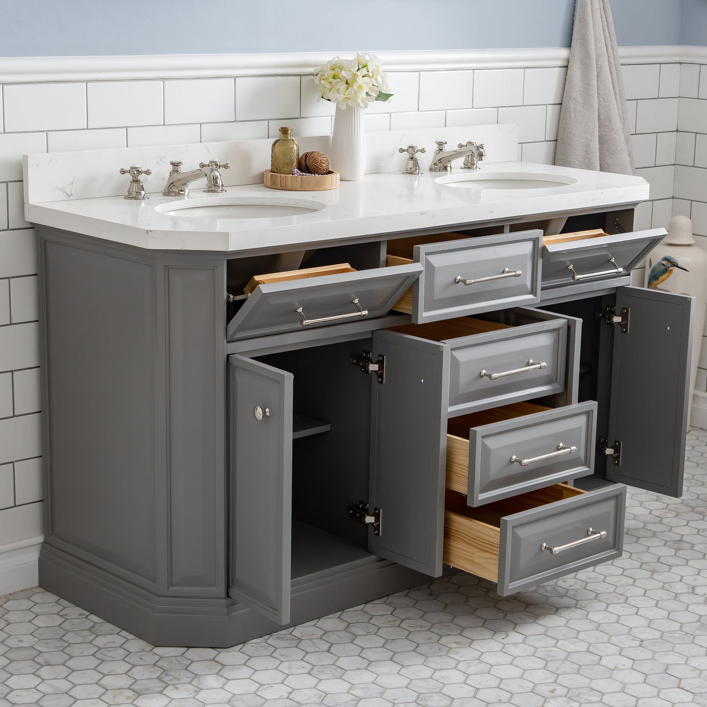 Water Creation Palace 60" Grey Double Sink Bathroom Vanity with Carrara Quartz and Polished Nickel (PVD) Hardware