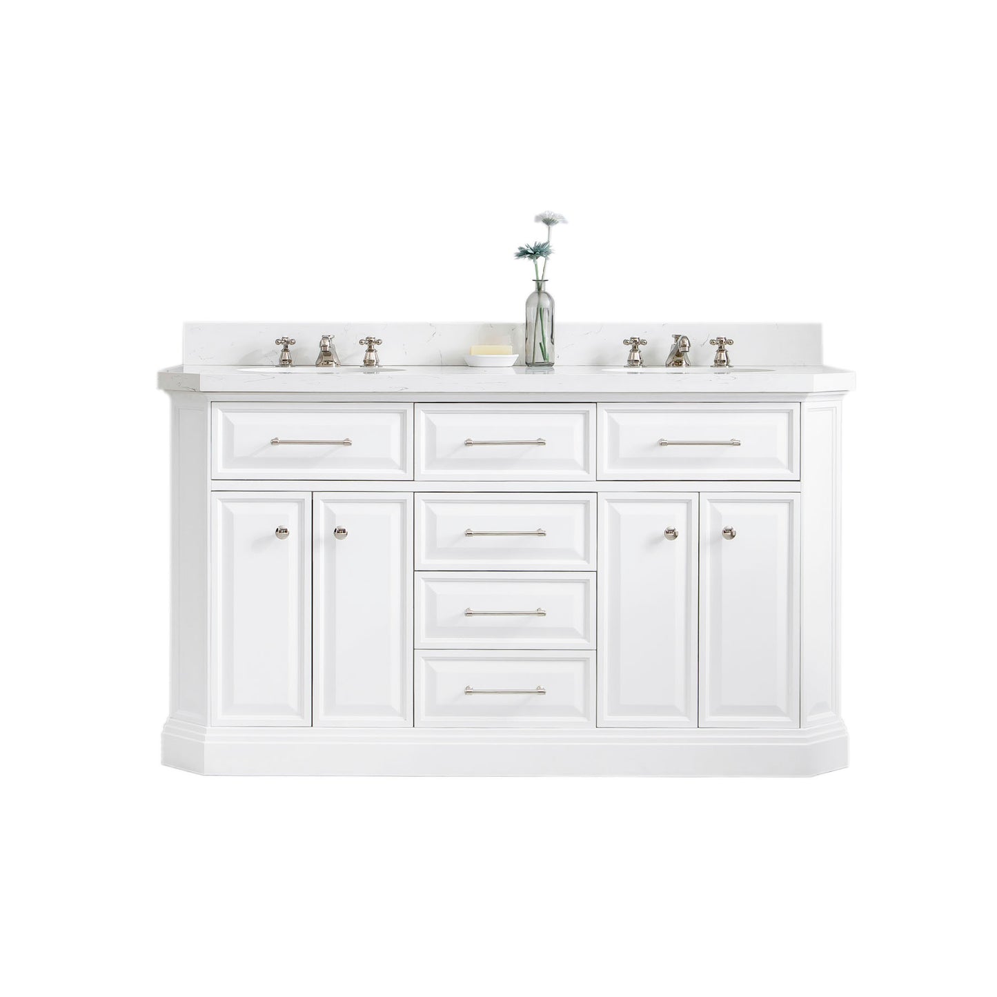 Water Creation Palace 60" Grey Double Sink Bathroom Vanity with Carrara Quartz and Polished Nickel (PVD) Hardware