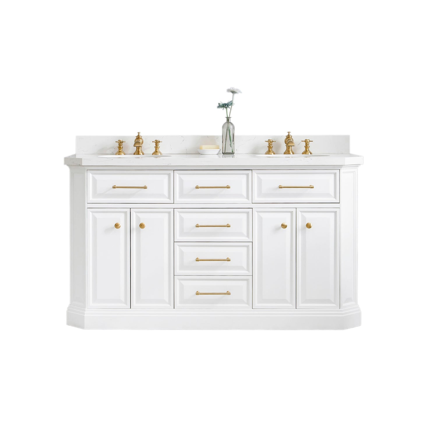 Water Creation Palace 60" White Double Sink Bathroom V Carrara Quartz Countertop Bath Vanity in Pure White with Satin Gold Hardware