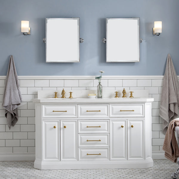 Water Creation Palace 60 White Double Sink Bathroom Vanity with Carrara Quartz Countertop and Satin Gold Hardware