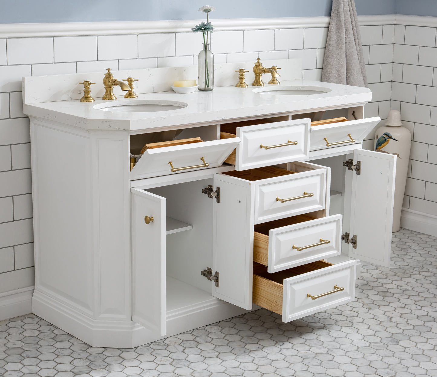 Water Creation Palace 60" White Double Sink Bathroom V Carrara Quartz Countertop Bath Vanity in Pure White with Satin Gold Hardware