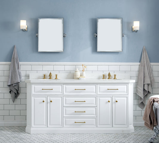 Water Creation Palace 72" White Double Sink Bathroom Vanity with Carrara Quartz Countertop with Satin Gold Hardware