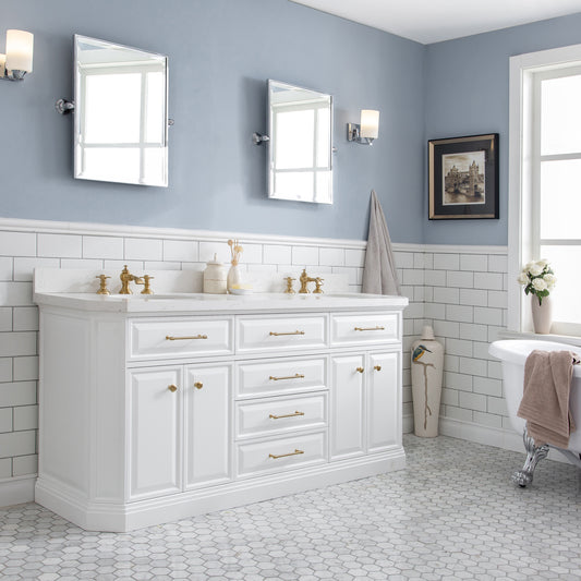 Water Creation Palace 72" White Double Sink Bathroom Vanity with Carrara Quartz Countertop with Satin Gold Hardware