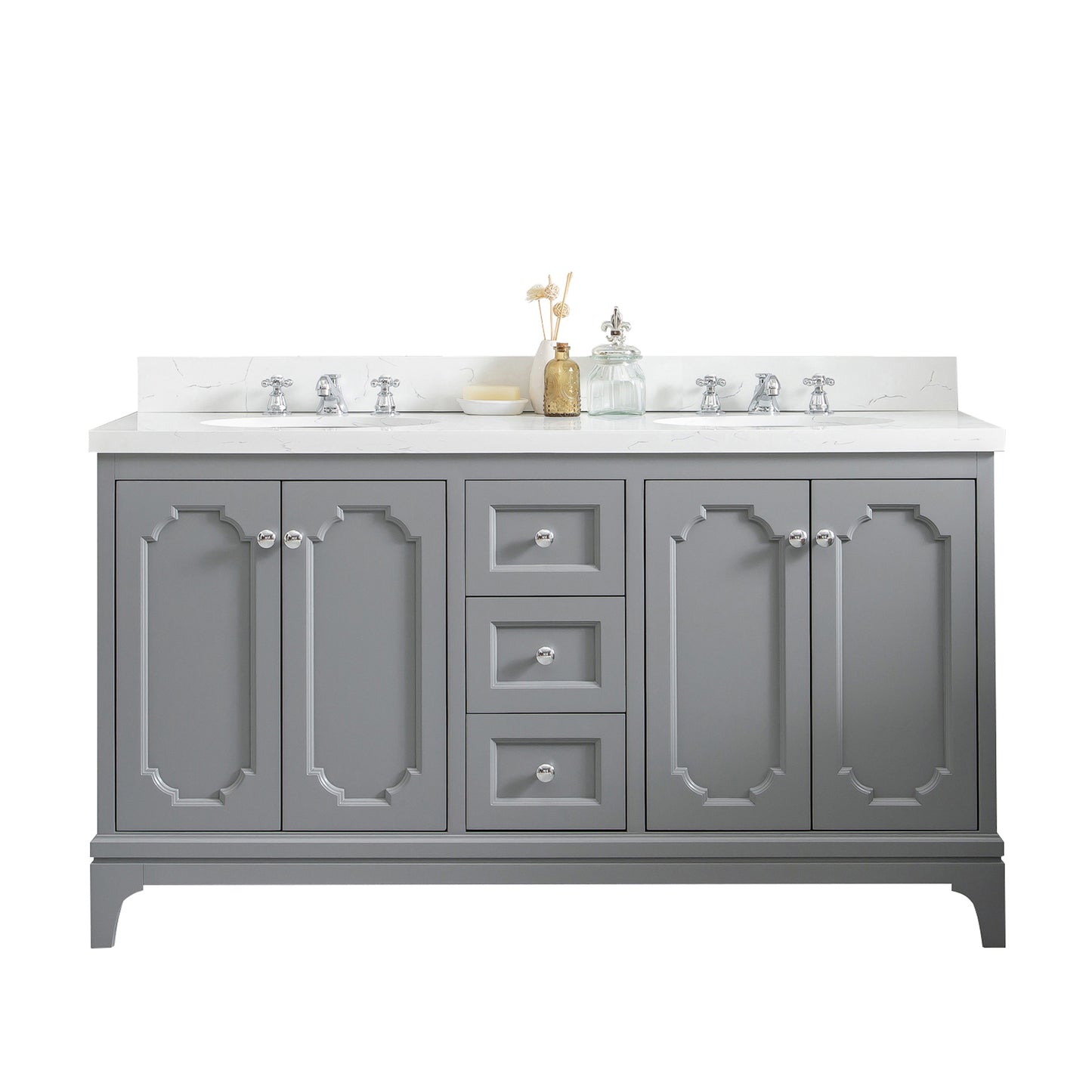 Water Creation Queen 60" Grey Double Sink Bathroom Vanity with Carrara Quartz Countertop and Chrome Hardware