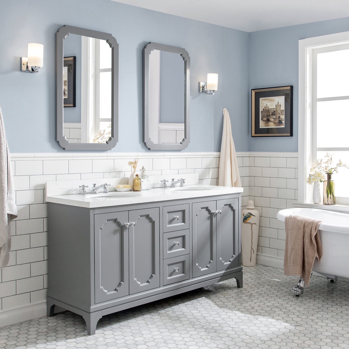 Water Creation Queen 60" Grey Double Sink Bathroom Vanity with Carrara Quartz Countertop and Chrome Hardware