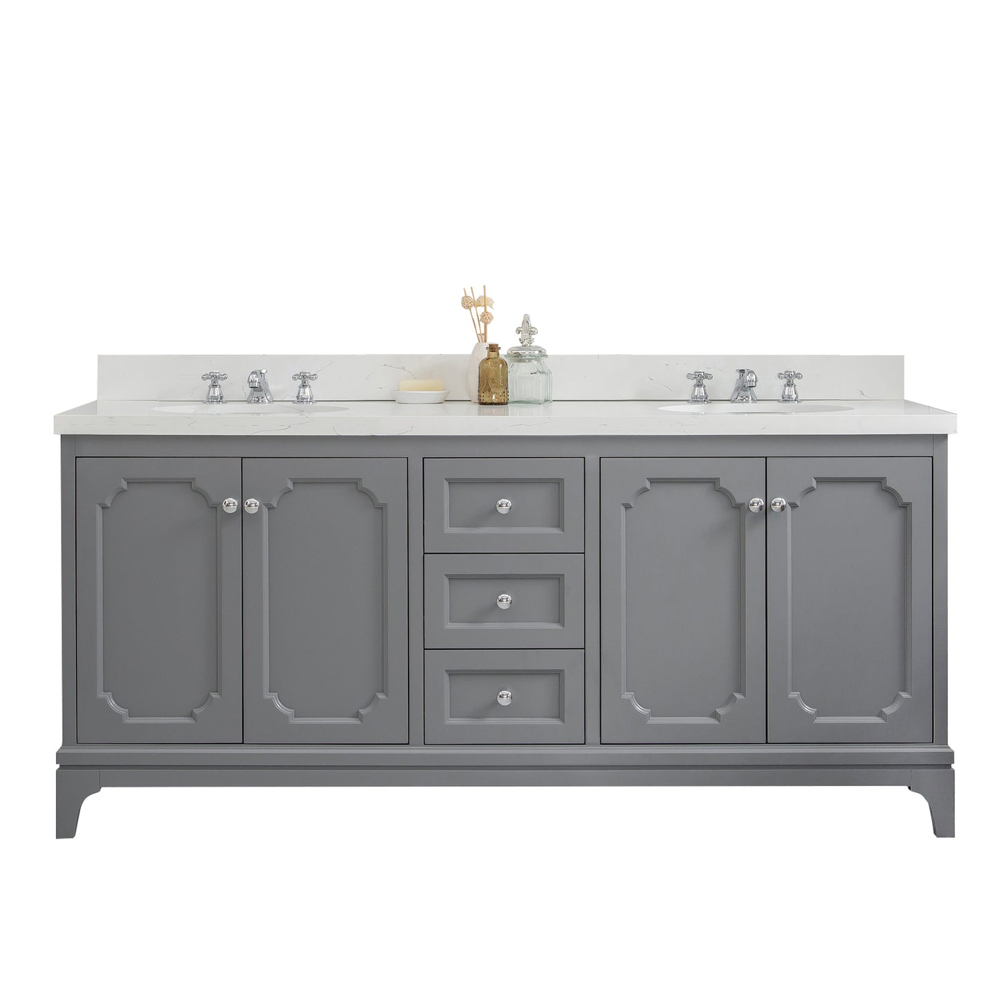 Water Creation Queen 72" Grey Double Sink Bathroom Vanity with Carrara Quartz Countertop and Chrome Hardware