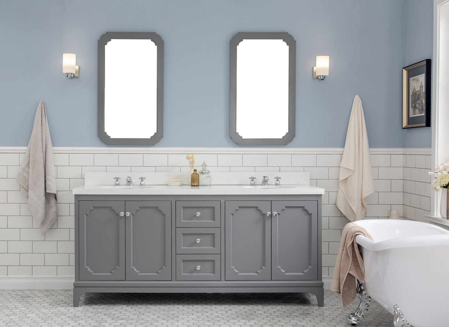 Water Creation Queen 72" Grey Double Sink Bathroom Vanity with Carrara Quartz Countertop and Chrome Hardware