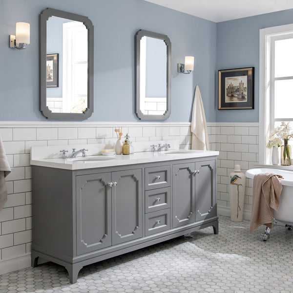 Water Creation Queen 72 Grey Double Sink Bathroom Vanity with Carrara Quartz Countertop and Chrome Hardware