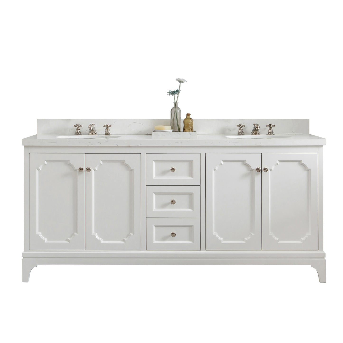 Water Creation Queen 72" White Double Sink Bathroom Vanity with Carrara Quartz Countertop and Polished Nickel (PVD) Hardware