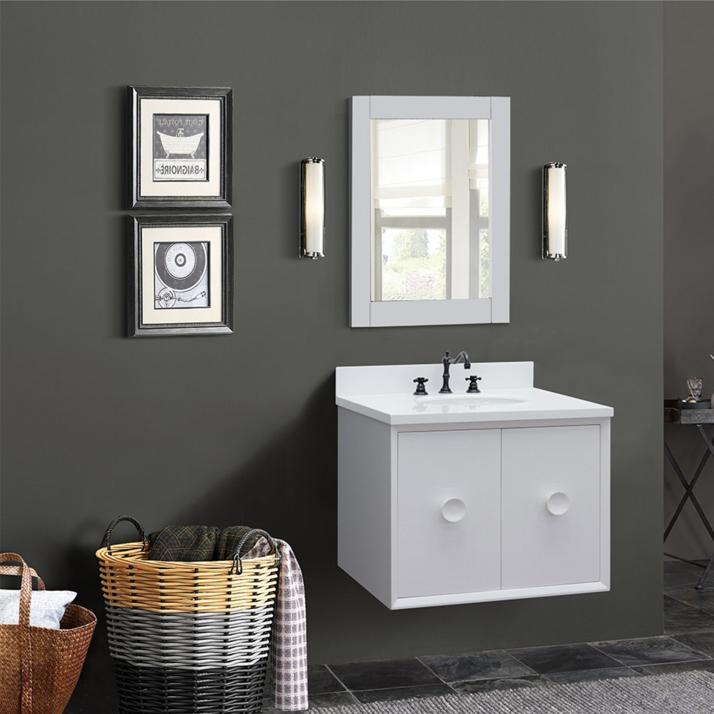 Bellaterra Home 31" White Single Sink Floating Bathroom Vanity with White Quartz Top and Oval Sink, Stora Collection