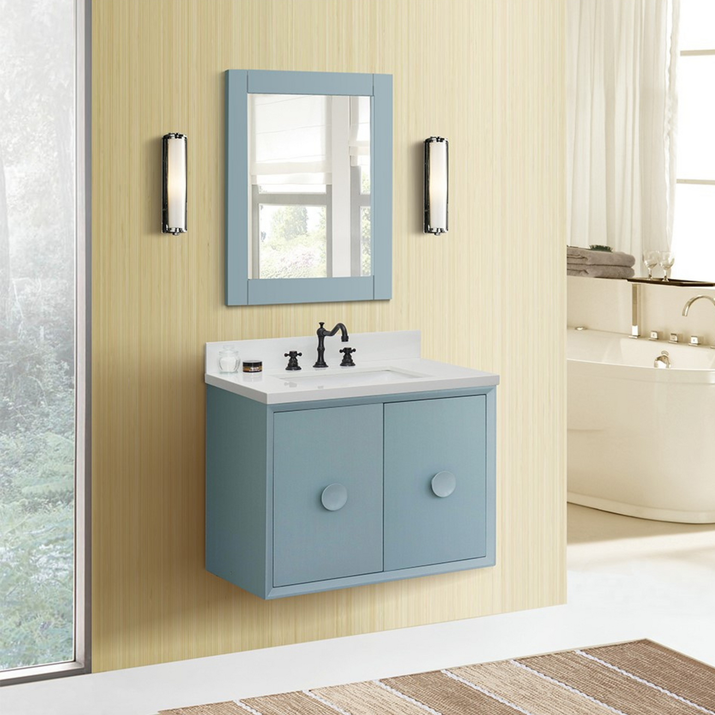 Bellaterra Home 31" Aqua Blue Single Sink Floating Bathroom Vanity with White Quartz Top and Rectangle Sink, Stora Collection