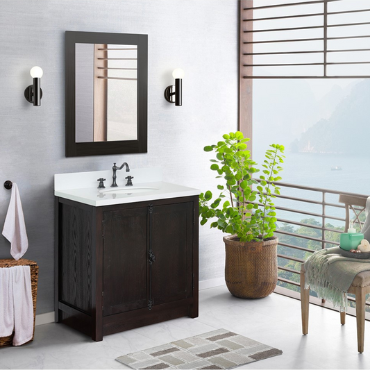 Bellaterra Home 31" Brown Ash Single Sink Bathroom Vanity with White Quartz Top and Oval Sink, Plantation Collection