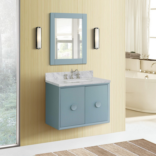 Bellaterra Home 31" Aqua Blue Single Sink Floating Bathroom Vanity with White Carrara Top and Rectangle Sink, Stora Collection