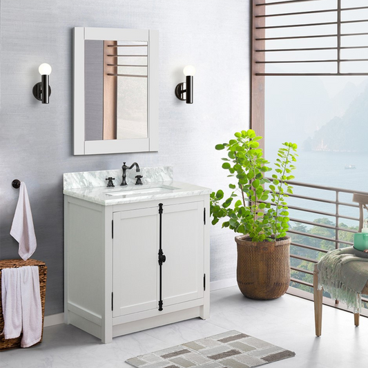 Bellaterra Home 31" Glacier Ash Single Sink Bathroom Vanity with White Carrara Top and Rectangle Sink, Plantation Collection