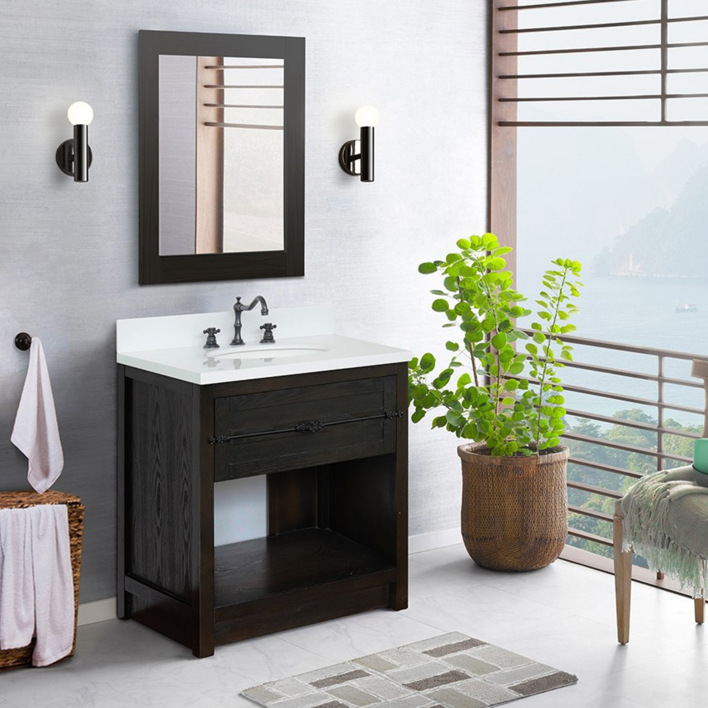 Bellaterra Home 31" Brown Ash Single Sink Bathroom Vanity with White Quartz Top and Oval Sink, Plantation Collection