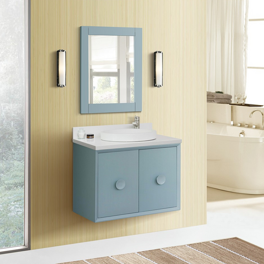 Bellaterra Home 31" Aqua Blue Single Sink Floating Bathroom Vanity with White Quartz Top and Round Sink, Stora Collection