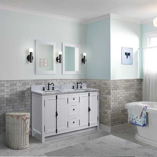 Bellaterra Home 55" Glacier Ash Double Sink Bathroom Vanity with White Carrara Marble Top and Rectangle Sink, Plantation Collection