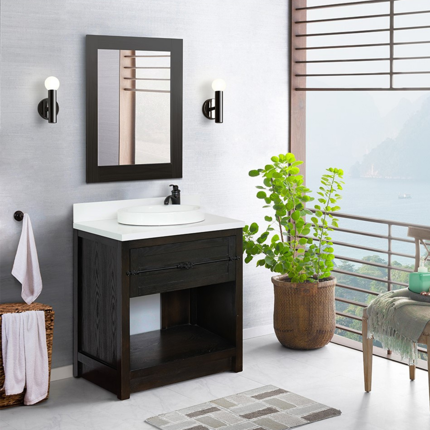 Bellaterra Home 31" Brown Ash Single Sink Bathroom Vanity with White Quartz Top and Round Sink, Plantation Collection