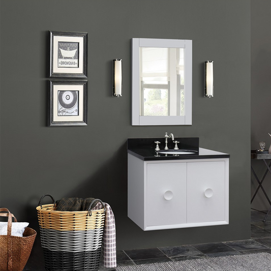 Bellaterra Home 31" White Single Sink Floating Bathroom Vanity with Black Galaxy Top and Oval Sink, Stora Collection