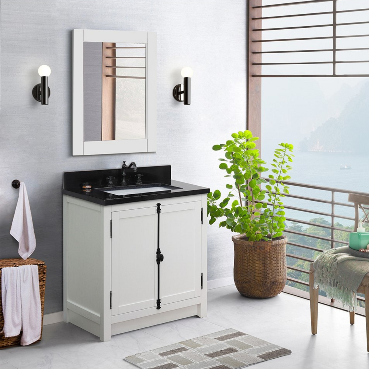 Bellaterra Home 31" Glacier Ash Single Sink Bathroom Vanity with Black Galaxy Top and Rectangle Sink, Plantation Collection