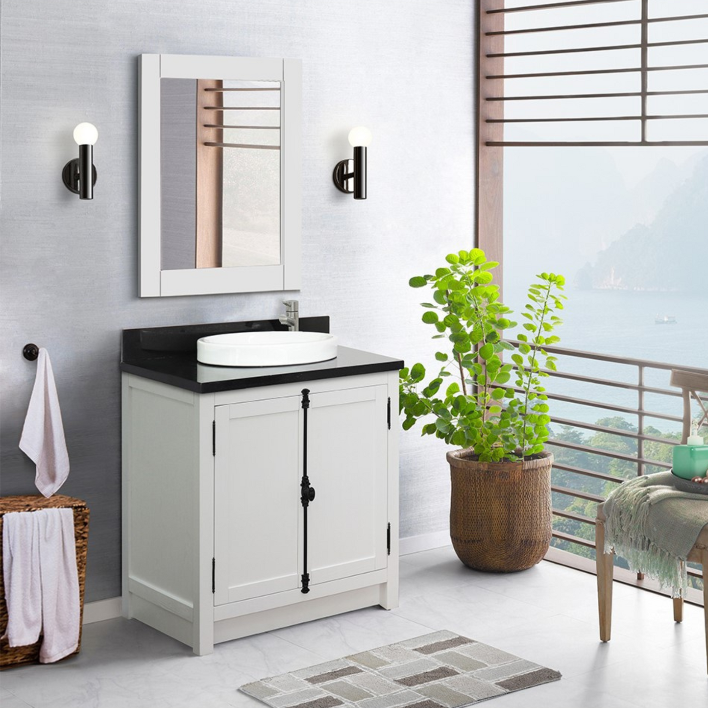 Bellaterra Home 31" Glacier Ash Single Sink Bathroom Vanity with Black Galaxy Top and Round Sink, Plantation Collection