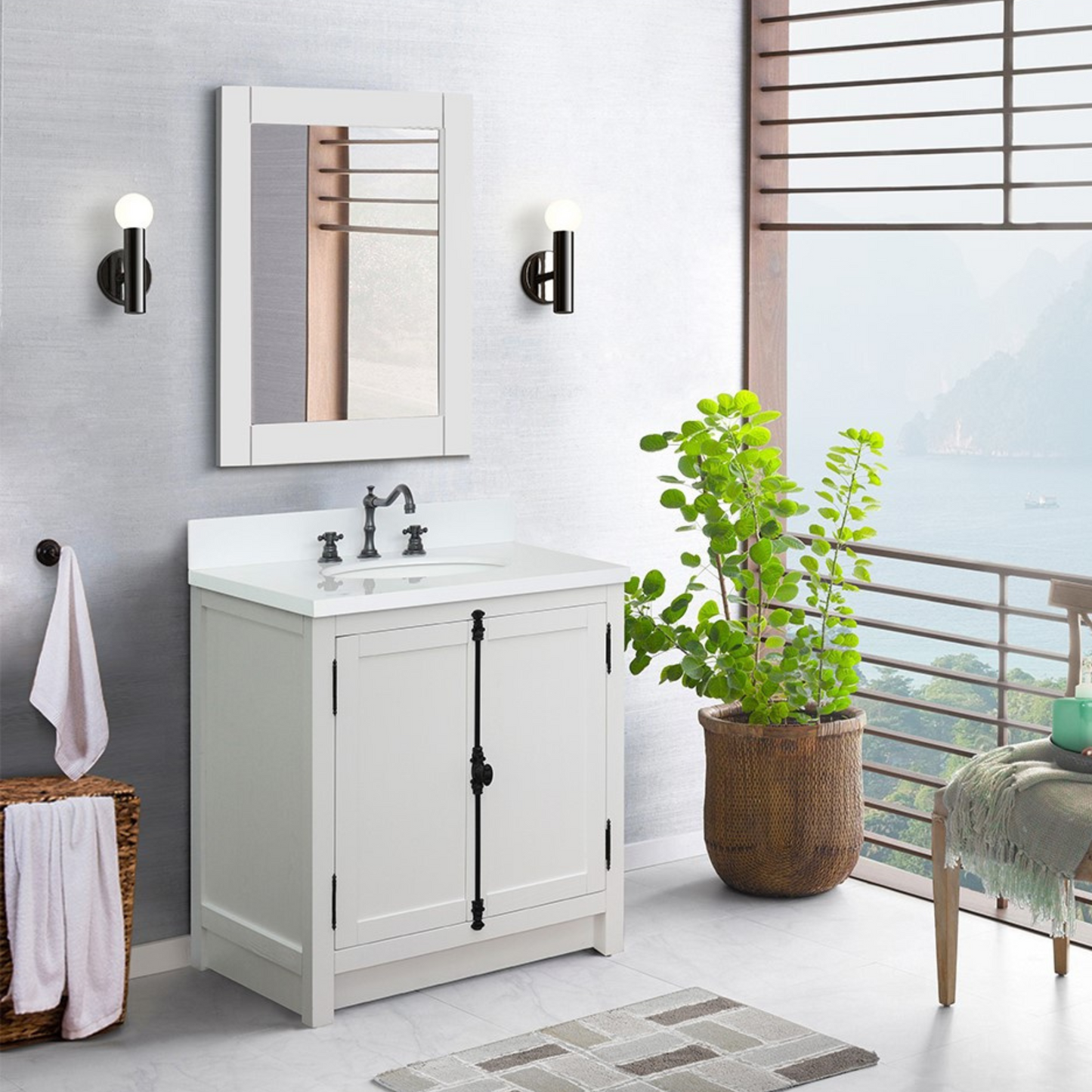 Bellaterra Home 31" Glacier Ash Single Sink Bathroom Vanity with White Quartz Top and Oval Sink, Plantation Collection