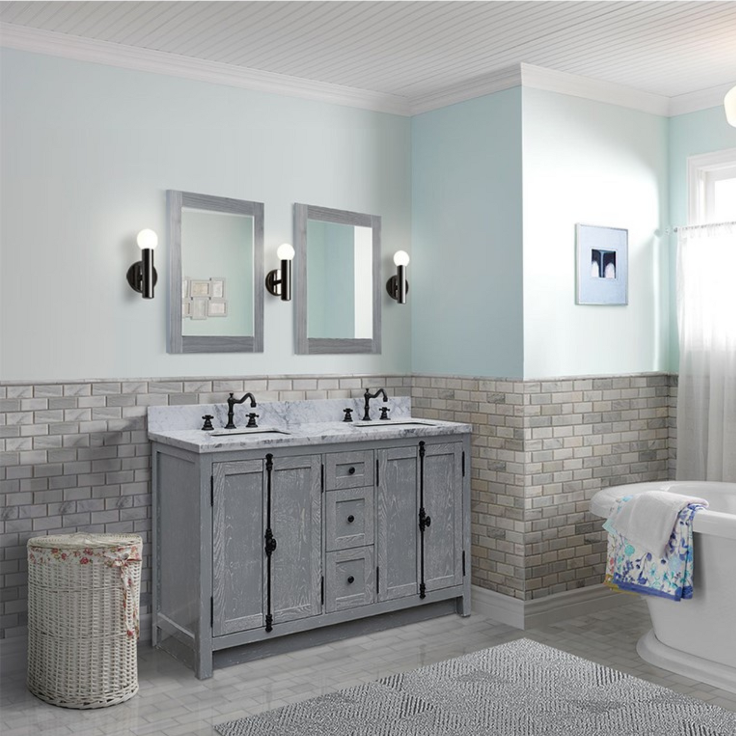 Bellaterra Home 55" Gray Ash Double Sink Bathroom Vanity with White Carrara Marble Top and Rectangle Sink, Plantation Collection