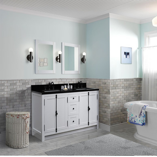 Bellaterra Home 55" Glacier Ash Double Sink Bathroom Vanity in Glacier with Black Galaxy Granite Top and Rectangle Sink, Plantation Collection