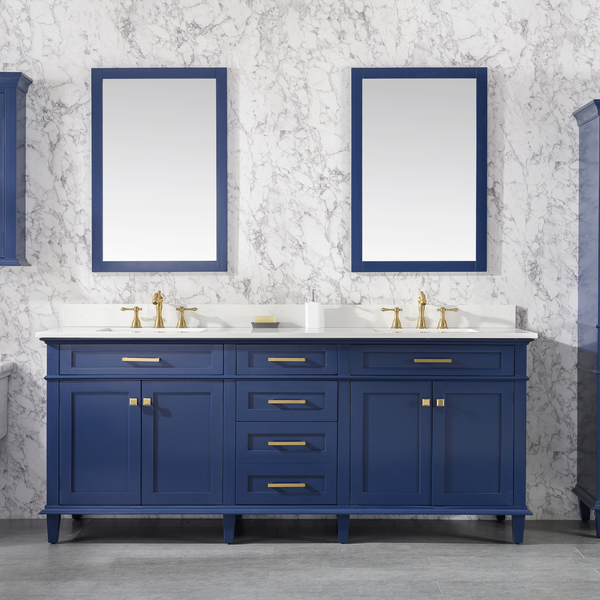 Legion Furniture 80 Blue Double Sink Bathroom Vanity with Carrara White Quartz Top